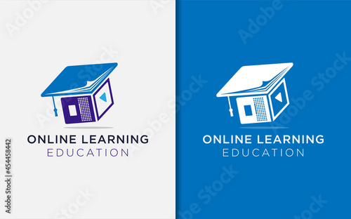 Online Learning Logo Design with Book and Laptop Combined as Toga Hat Concept. Education Logo Illustration.