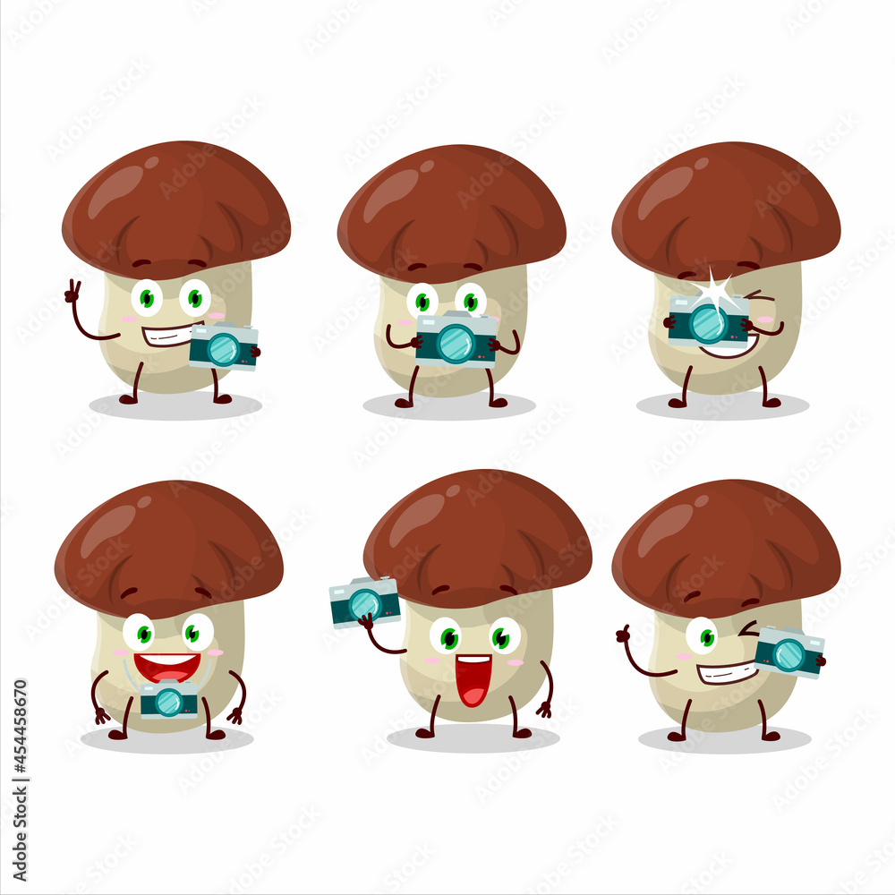 Photographer profession emoticon with bolete cartoon character