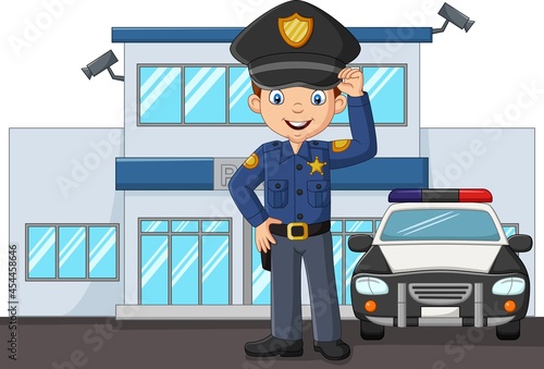 Cartoon policeman standing in city police department building