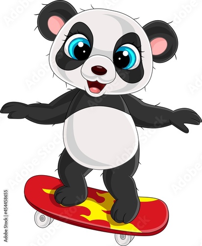 Cartoon little panda playing skateboard