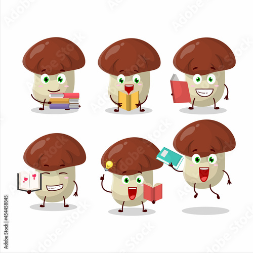 A picture of bolete cartoon character concept reading an amusing book