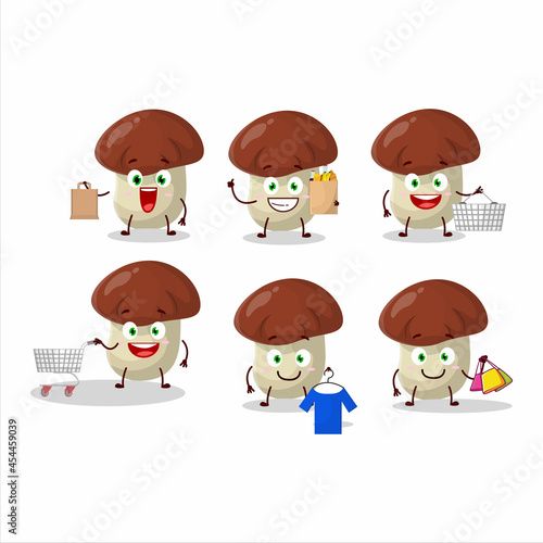 A Rich bolete mascot design style going shopping
