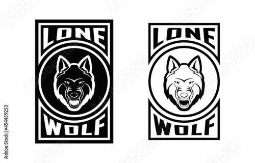 Set of black and white illustrations of a wolf head, text on a white background. Design element for emblem, print, badge, sticker and label. Vector illustration. Lone wolf.