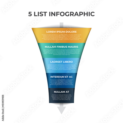 5 points, layers, options, step of list infographic element with funnel chart diagram © Ghani