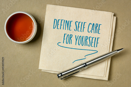 define self care for yourself - inspirational reminder or advice, handwriting on a napkin, lifestyle and health concept