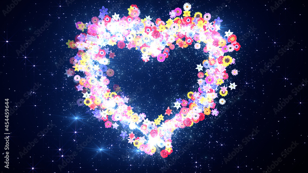 Heart Flower Mix Glitter Sparkling Particles Love Fireworks 3D illustration.