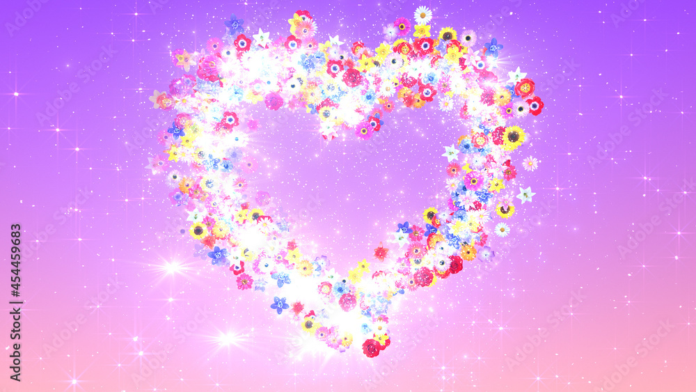 Heart Flower Mix Glitter Sparkling Particles Love Fireworks 3D illustration.
