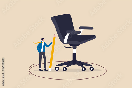 Work boundary, comfort zone or scope of work, set up assignment or management authority concept, smart businessman drawing circle around his office chair.