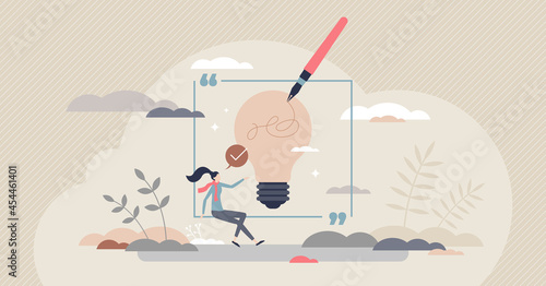 Writing inspiration and creative content imagination tiny person concept. Artist with muse to write innovative story or literature work vector illustration. Thoughtful novel or journalism creation.