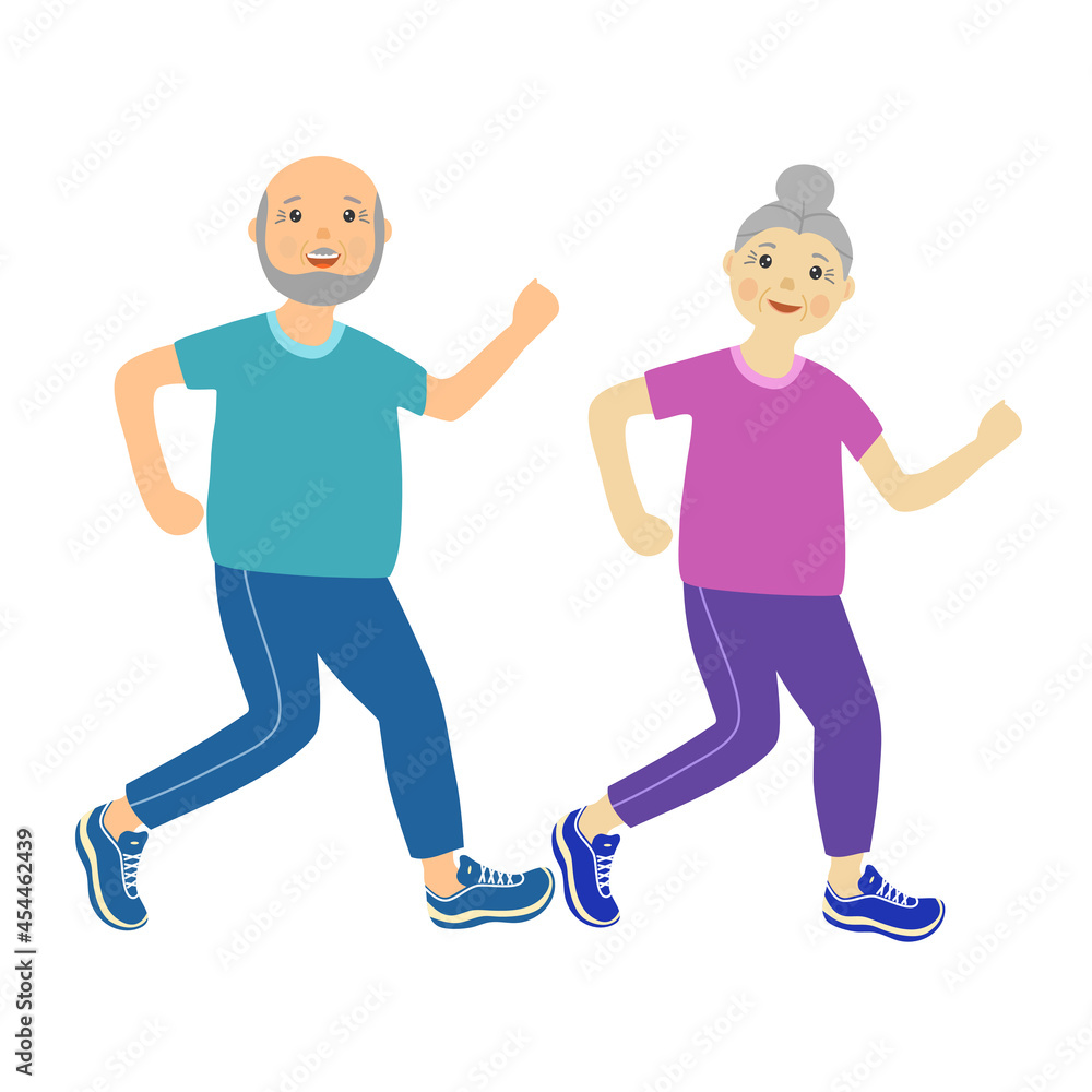 Senior man and woman doing exercise together for a good health. Old couple running concept vector illustration on white background.