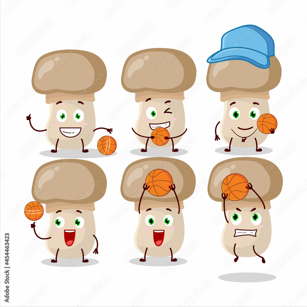 Obraz premium Talented button mushroom cartoon character as a basketball athlete