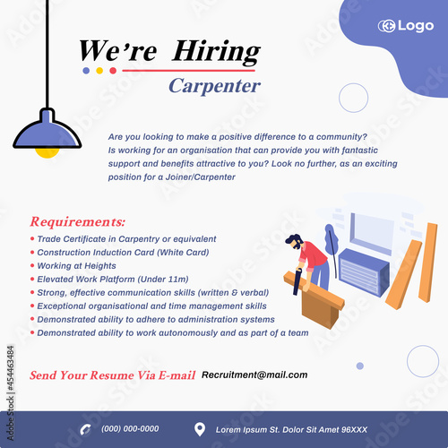 Hiring recruitment design for social media post template. Job vacancy for carpenter. Creative announcement flyer on blue and yellow color