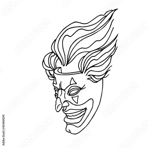 a smiling joker mask with clown hair, a mystical character, the concept of a stand-up comedian, a vector illustration with black lines isolated on a white background in a cartoon and hand drawn style