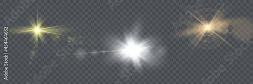 Set. Shining star, the sun particles and sparks with a highlight effect, golden bokeh lights glitter and sequins. On a dark background transparent. Vector,