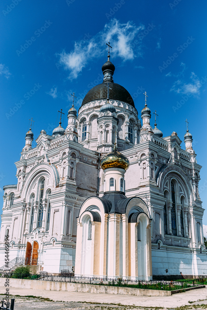 Kazan women's monastery. Different angles. Domes. Towers. Arch of the main entrance. Kazan Cathedral.
