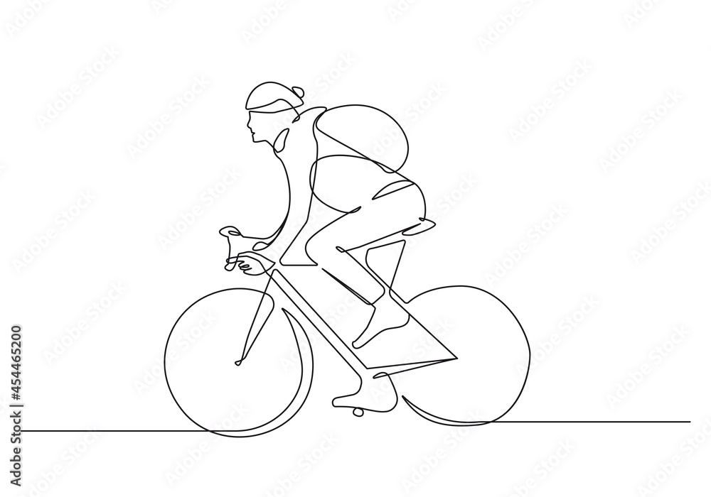 Fototapeta Rowerzysta minimalistyczny rysunek jednej linii. Kobieta rowerzysta linii sztuki modny ilustracja. Styl życia roweru nowoczesny minimalistyczny rysunek. Ilustracja jeden wiersz kobiecego sportu. Wektor EPS 10