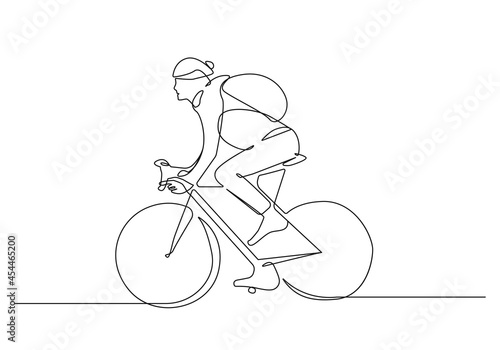 Biker Minimalist One Line Drawing. Woman Biker Line Art Trendy Illustration. Bike Lifestyle Modern Minimalist Drawing. Female Sport One Line Illustration. Vector EPS 10
