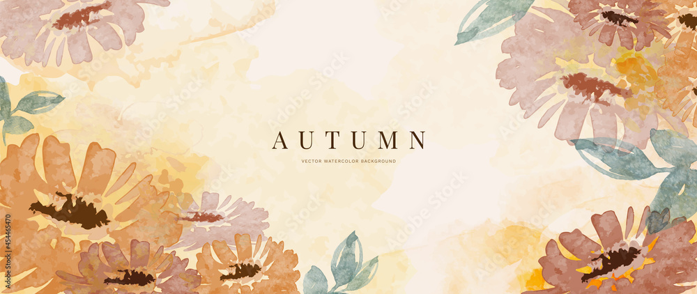 Autumn background design  with watercolor brush texture, Flower and botanical leaves watercolor hand drawing. Abstract art wallpaper design for wall arts, wedding and VIP invite card. vector eps10 - obrazy, fototapety, plakaty 