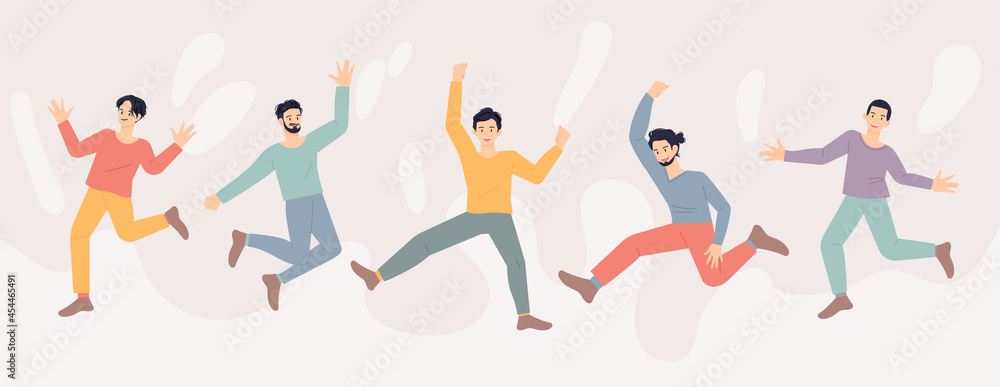 The men are jumping happily together. flat design style vector illustration.