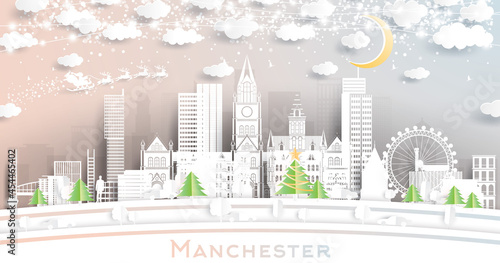 Manchester UK City Skyline in Paper Cut Style with Snowflakes, Moon and Neon Garland. photo
