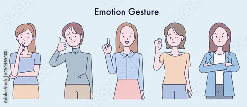 A collection of female characters expressing various expressions with their hands. outline simple vector illustration.