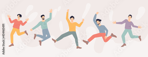 The men are jumping happily together. flat design style vector illustration.