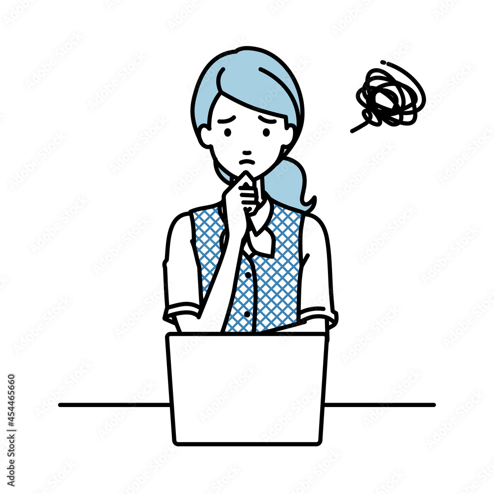 デスクで座ってPCを開いて困っている事務員制服の女性