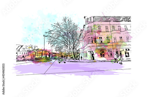 Building view with landmark of Gelsenkirchen is the city of Germany. Watercolor splash with hand drawn sketch illustration in vector.