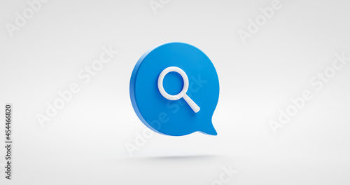 Blue magnifier search illustration icon business sign or website research find internet symbol isolated on white background with flat design graphic element communication. 3D rendering.