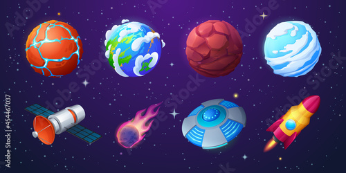 Earth, alien planets, rocket, ufo spaceship and meteor on background of outer space with stars. Vector cartoon set of shuttle, satellite, flying saucer, meteorite with fire and unusual planets