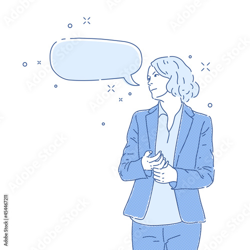 A girl and a speech bubble. A business lady in a suit. Vector illustration.