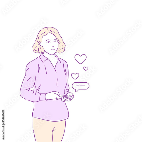 A young woman holds a phone in her hand. Vector linear illustration drawn by hand. A modern fashion illustration.