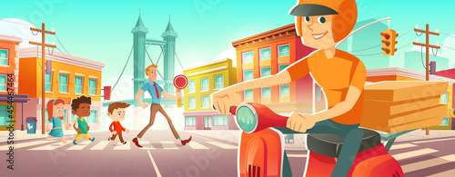 Children walk on pedestrian crosswalk with teacher. Delivery man on scooter with pizza wait on road intersection. Vector cartoon illustration of man with stop sign helps kids crossing city street