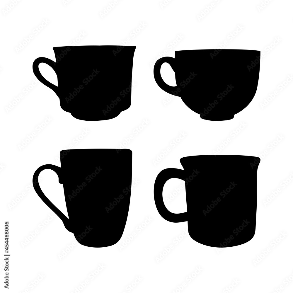 Set of hand drawn cups for hot drinks isolated on a white background. Doodle, simple illustration, the silhouettes of the elements. It can be used for decoration of textile, paper. Set of hand drawn cups for hot drinks isolated on a white background. Doodle, simple illustration, the silhouettes of the elements. It can be used for decoration of textile, paper.