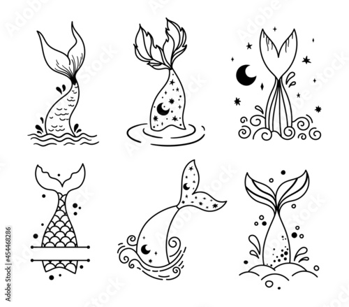 Little mermaid tail isolated clipart bundle, baby mermaid decor, sea underwater life black and white vector graphic, magic fish tail and monogram frame items