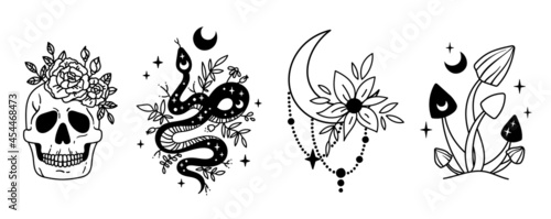 Mystical halloween bundle - celestial snake, floral skull, moon and magic mushroom isolated cliparts, space esoteric stuff, serpent, skeleton, flowers black and white outline vector illustration