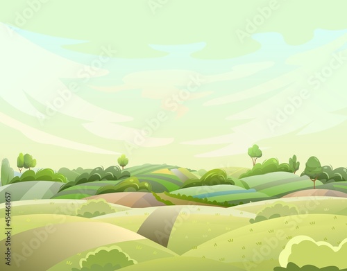 Roan on rural vegetables and grassy hills. Farm cute landscape. Funny cartoon design illustration. Summer pretty sky. Flat style. Vector.