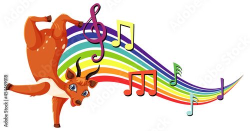 Deer dancing with melody symbols on rainbow