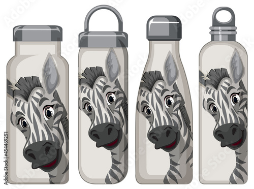 Set of different thermos bottles with zebra pattern