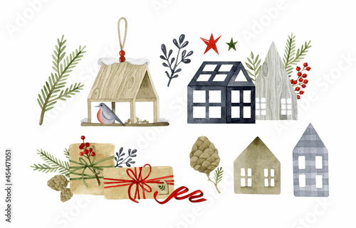 Cozy Christmas watercolor elements set 