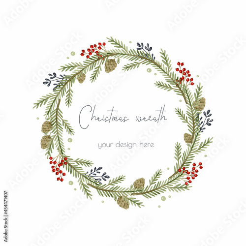 Christmas rustic pine branches watercolor wreath template card