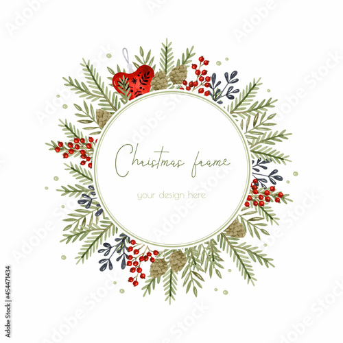 Christmas rustic pine branches and berries watercolor frame template invitation card 