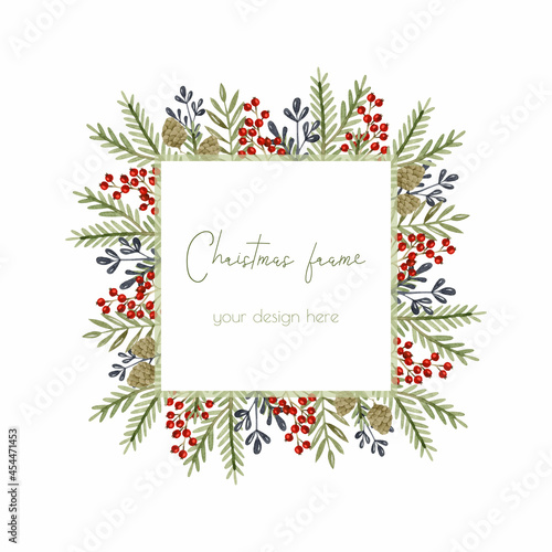 Christmas square watercolor frame with pine branches and red berries 