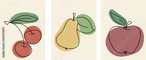 Fototapeta Naklejka Na Ścianę i Meble -  Collection of modern minimalistic fruit posters: linear (sketch) pear, cherry and apple on beige background