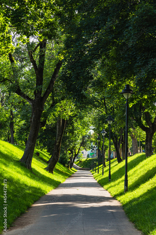 Obraz premium ルーマニア トランシルヴァニア地方のシビウの旧市街にある要塞公園の遊歩道 Citadel Park