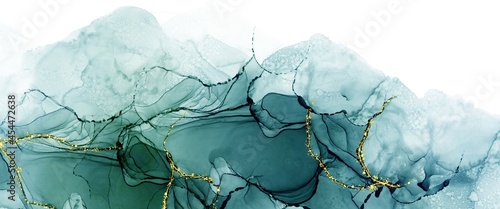 Alcohol ink background with fluid texture and gold glitter, dark green turqoise colors gradient, hand drawn art for wall pictures, luxury wallpaper for print, elegant decoration	
