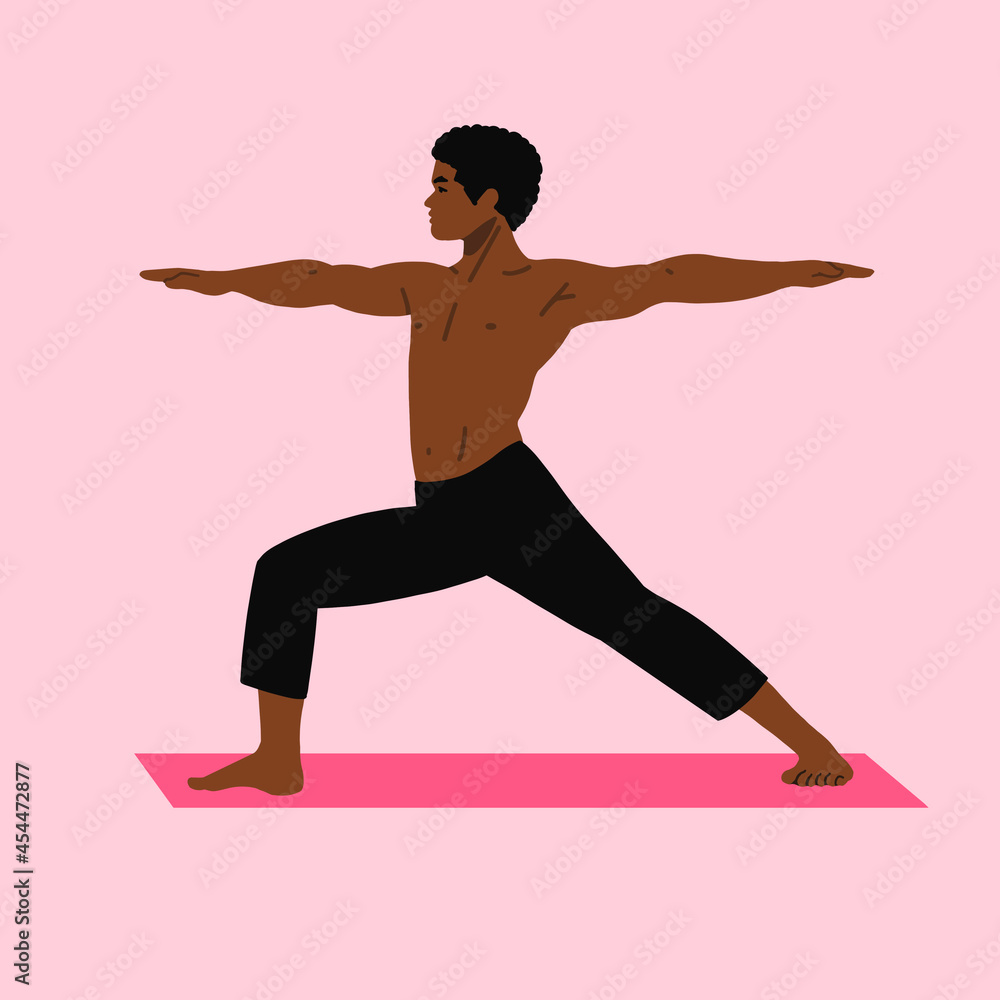 Fototapeta premium man doing yoga, yoga instructor posing war pose on matt. meditation virabhadrasana yoga exercise for body and mental health