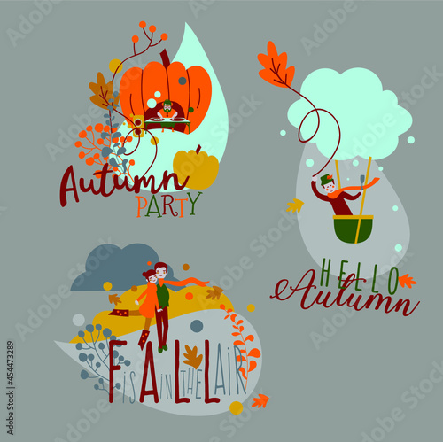 Hello Autumn Thanksgiving Party Sale Cute Illustration Art Banner Elements Fall Season  Autumn Party Template Leaves Decor Lettering