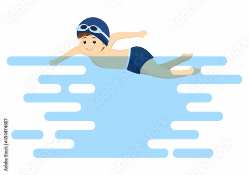 Cute Little Kids Swimming Background Vector Illustration in flat cartoon style. people dressed in swimwear, swim in summer and performing water activities