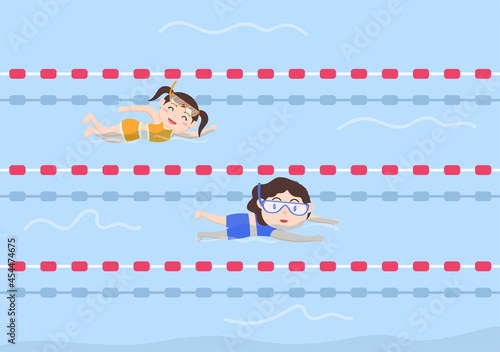 Cute Little Kids Swimming Background Vector Illustration in flat cartoon style. people dressed in swimwear, swim in summer and performing water activities